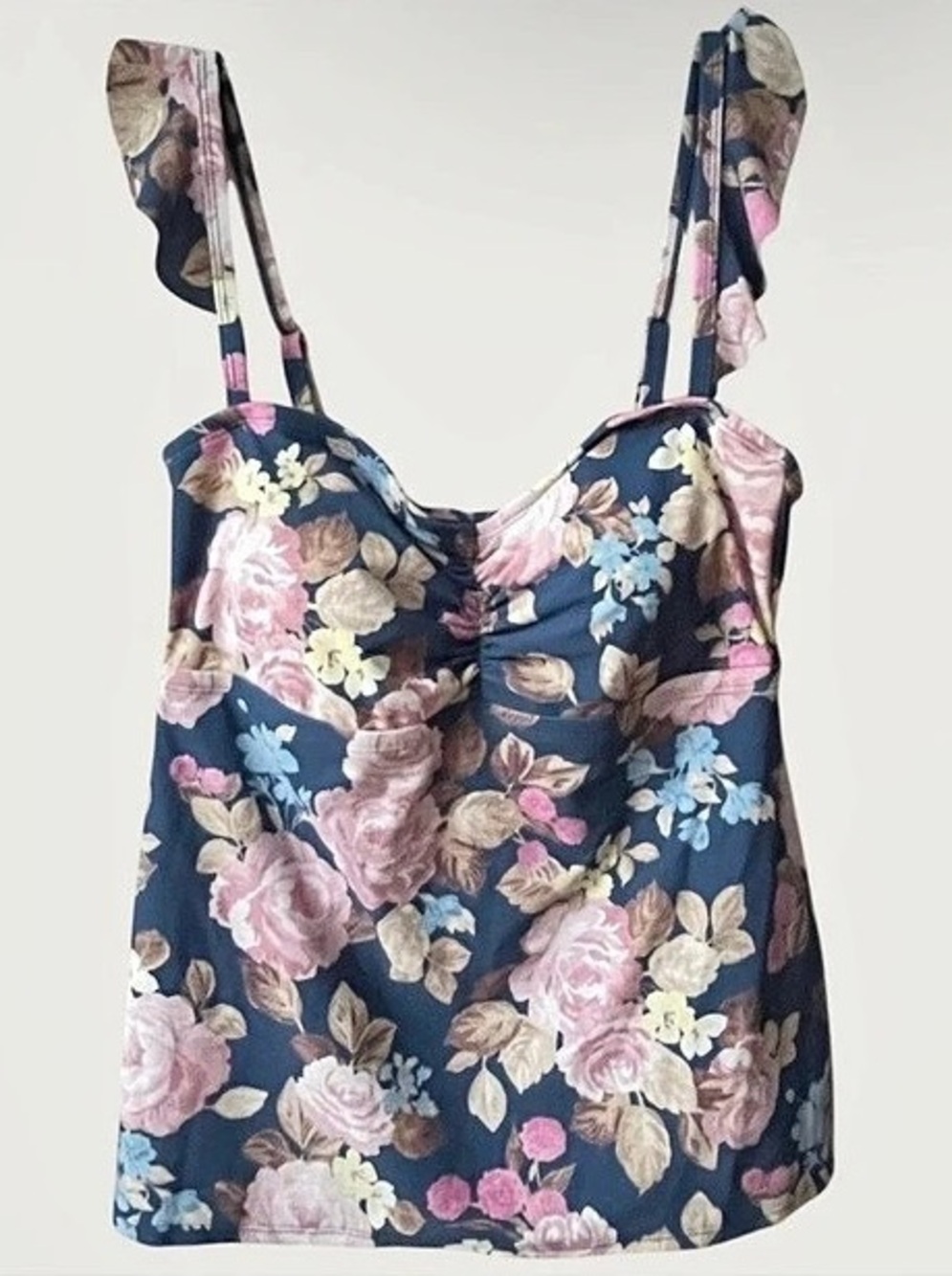 Shade & Shore Ruffle Strap Tankini Top Blue Floral & Pink Floral